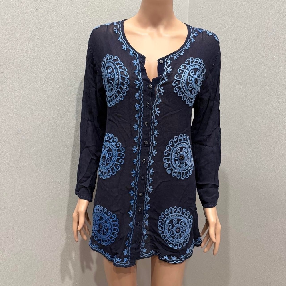 Navy Blue Embroidered Button Up Mini Dress Boho Beach Cover Up Tie Waist